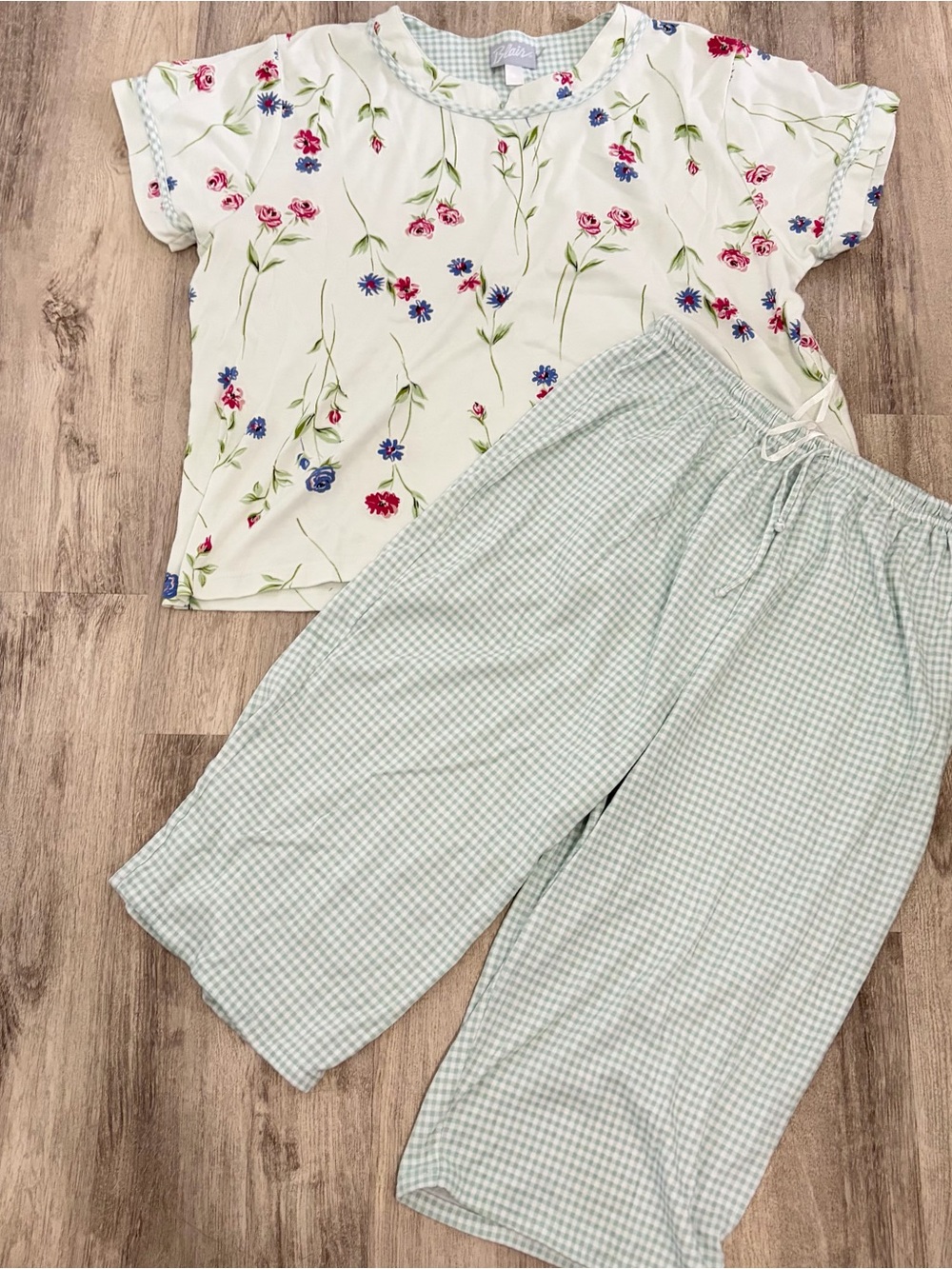 VTG Blair floral checker cottage sleepwear sleep set pajamas Womens XL Green